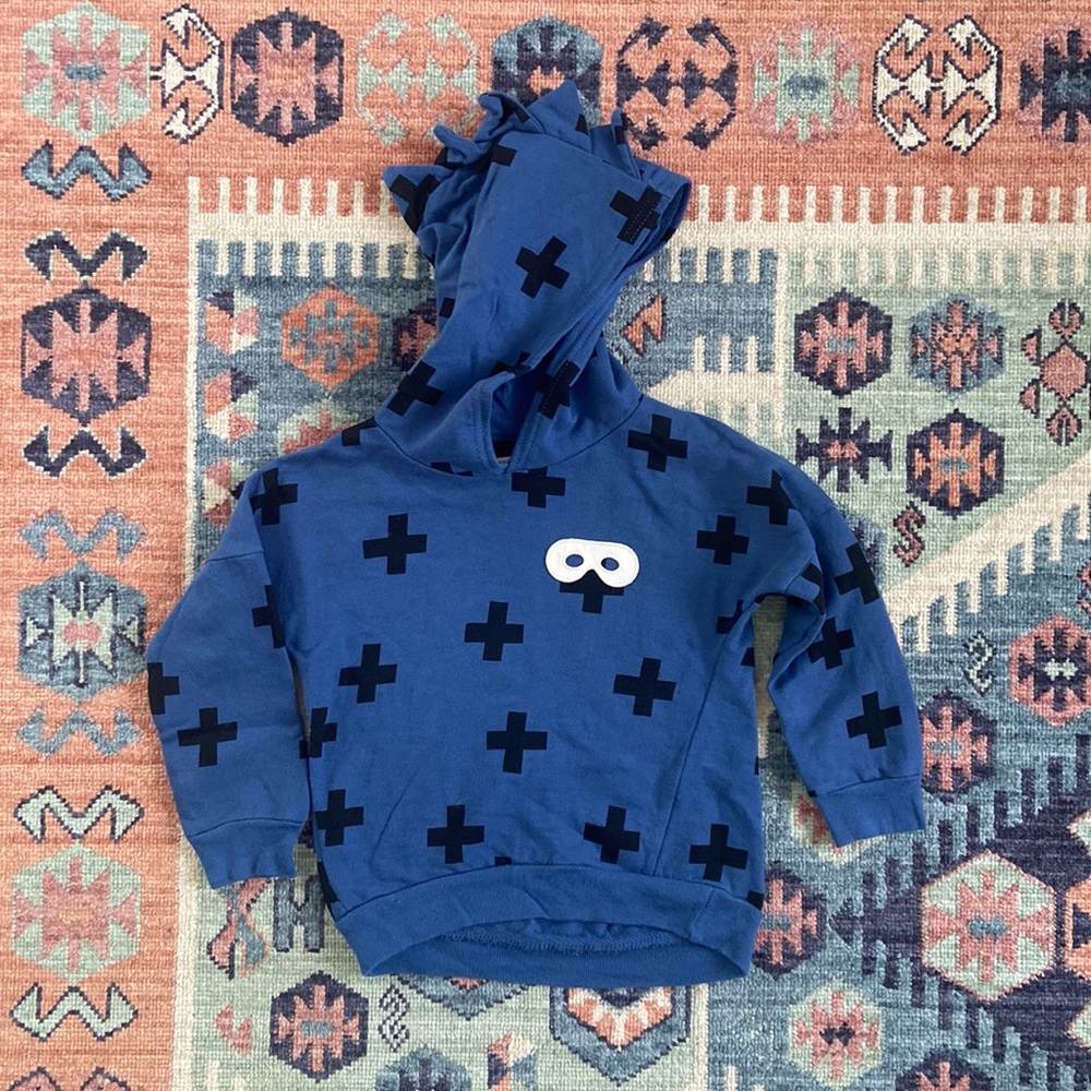 Beau Loves dino hooded sweatshirt blue black Swiss cross plus sign 3T